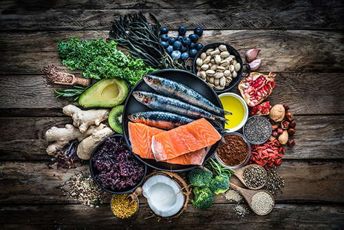 A display of foods rich in Omega-3s, Omega-6s and Omega-9s