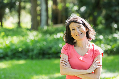 Woman at the park with questions about hysterectomy