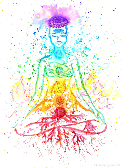 watercolor of woman with the 7 chakras