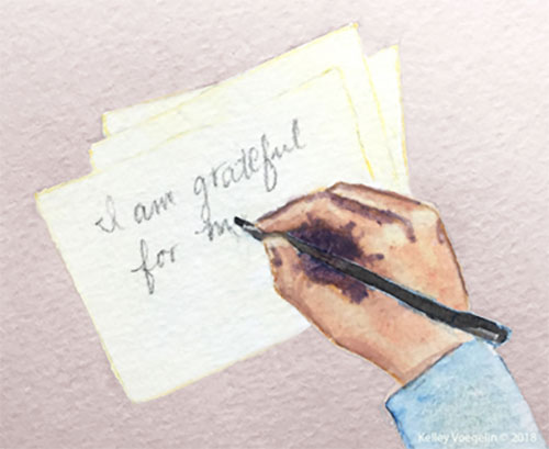 Write down what you are grateful for as part of a winter solstice ceremony. watercolor of hand writing about gratitude