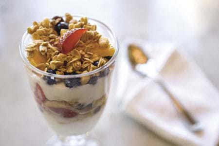 For healthy blood sugar add protein and fiber to carbs such as yogurt and fruit. For healthy blood sugar add protein and fiber to carbs such as yogurt and fruit